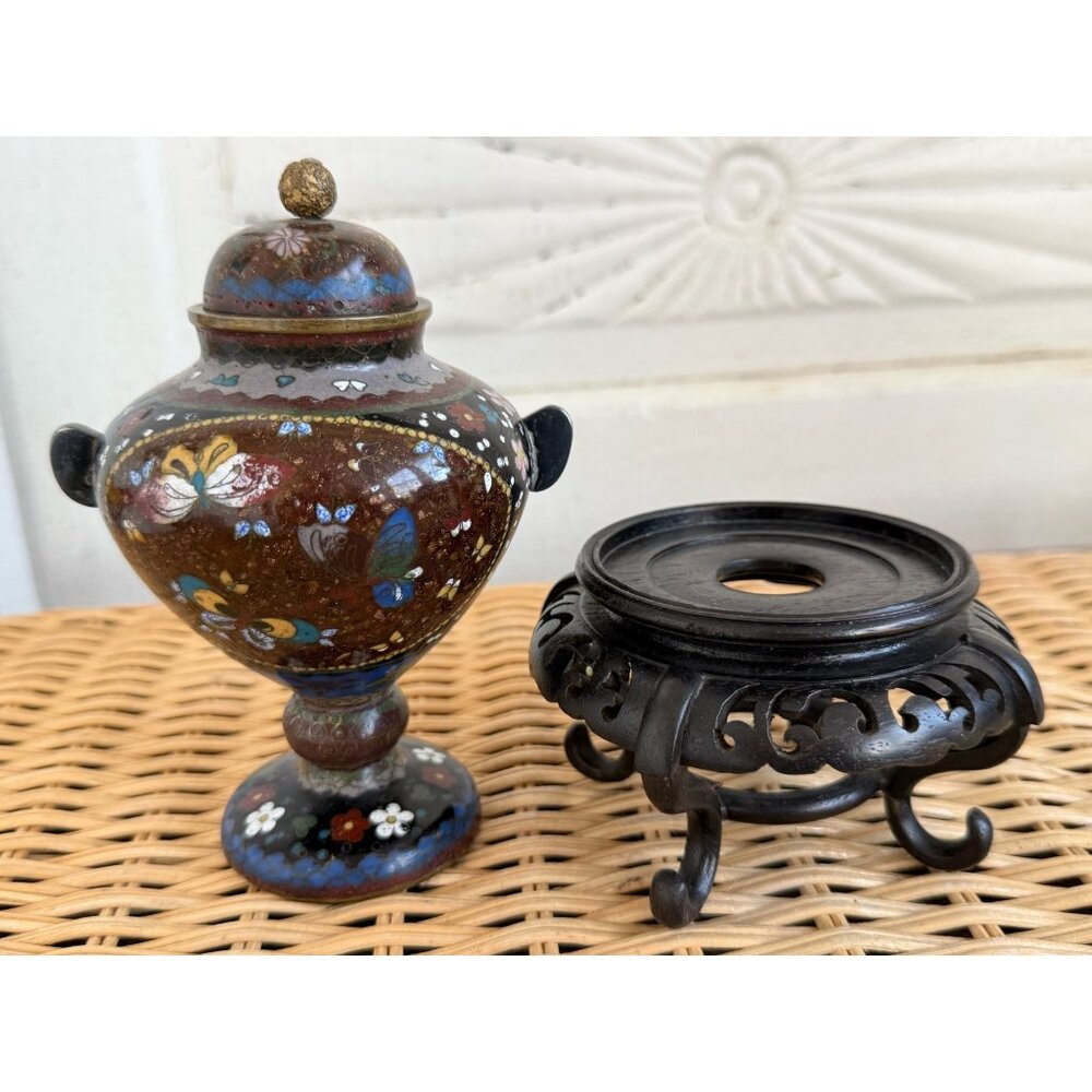 Antique Meiji 1910s Japanese Goldstone Cloisonne' Urn/ Stand Butterfly flower 7" - Picture 3 of 16
